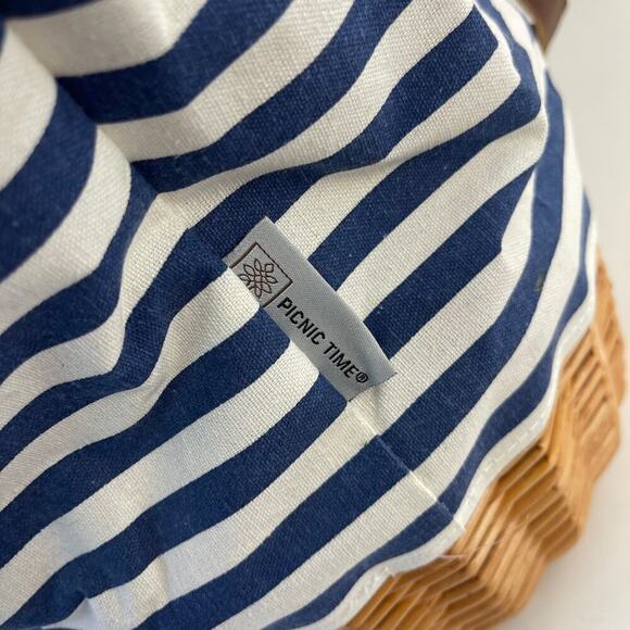 Picnic Time Coronado Canvas and Willow Basket Tote Navy Blue White Striped - Picture 11 of 16
